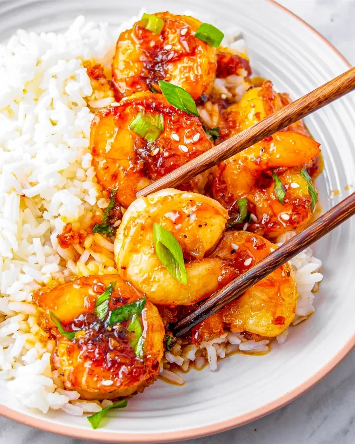 Honey Garlic Shrimp, Coconut and Toasted Sesame Jasmine Rice, Roasted Baby Broccolini
