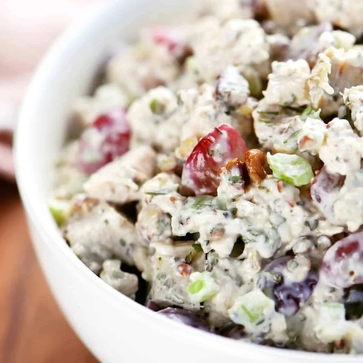 Summer Chicken Salad, Sliced Red Grapes & Toasted Walnuts, with Toasted Garlic Crostini