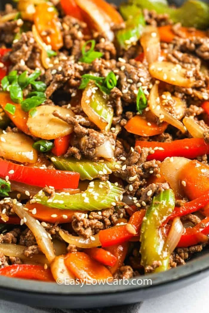 FIT400 Mongolian Ground Beef Bowl, Red Bell Pepper, Broccoli, Snap Peas, Shedded Carrot