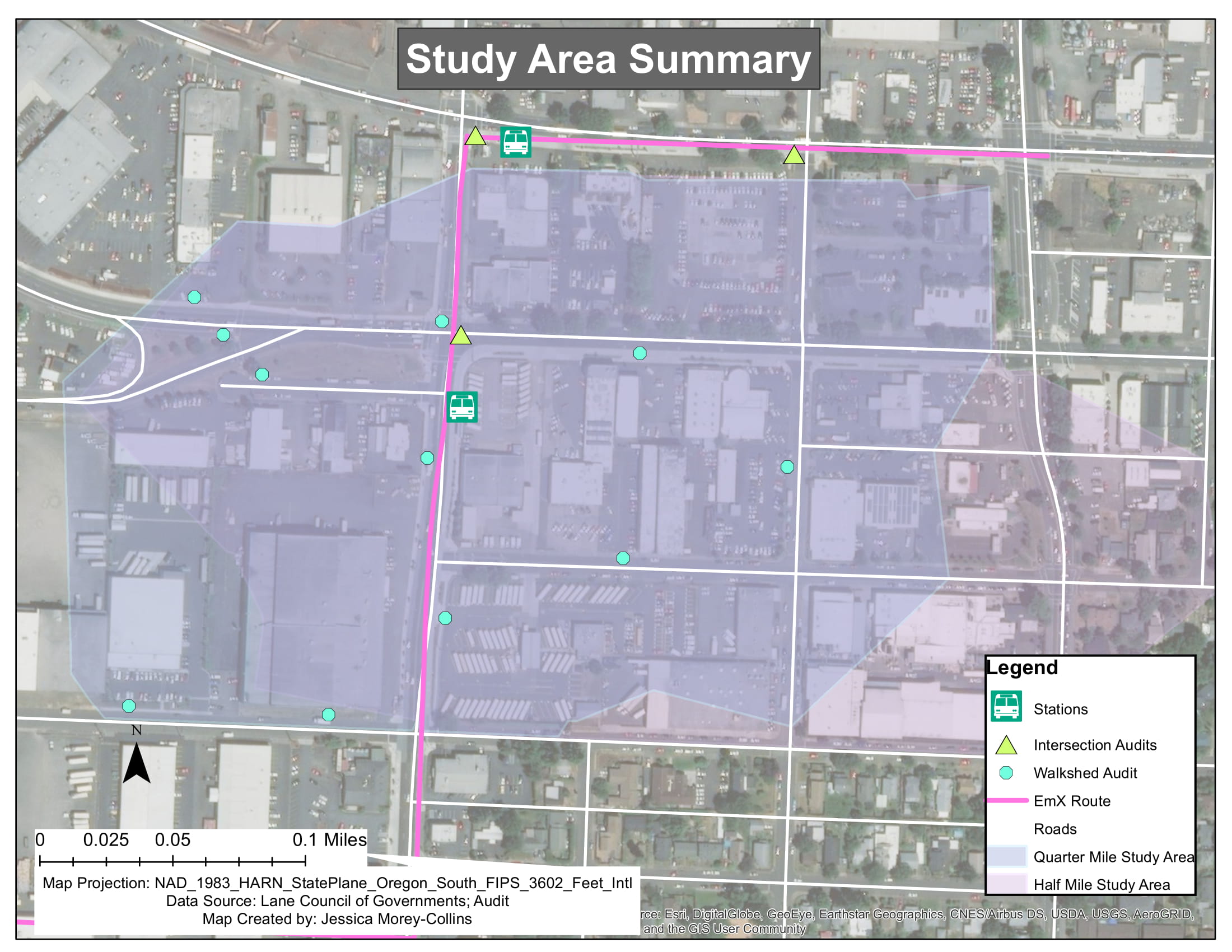  Study area summary for environmental analysis of a new public transportation line in Eugene, Oregon. 