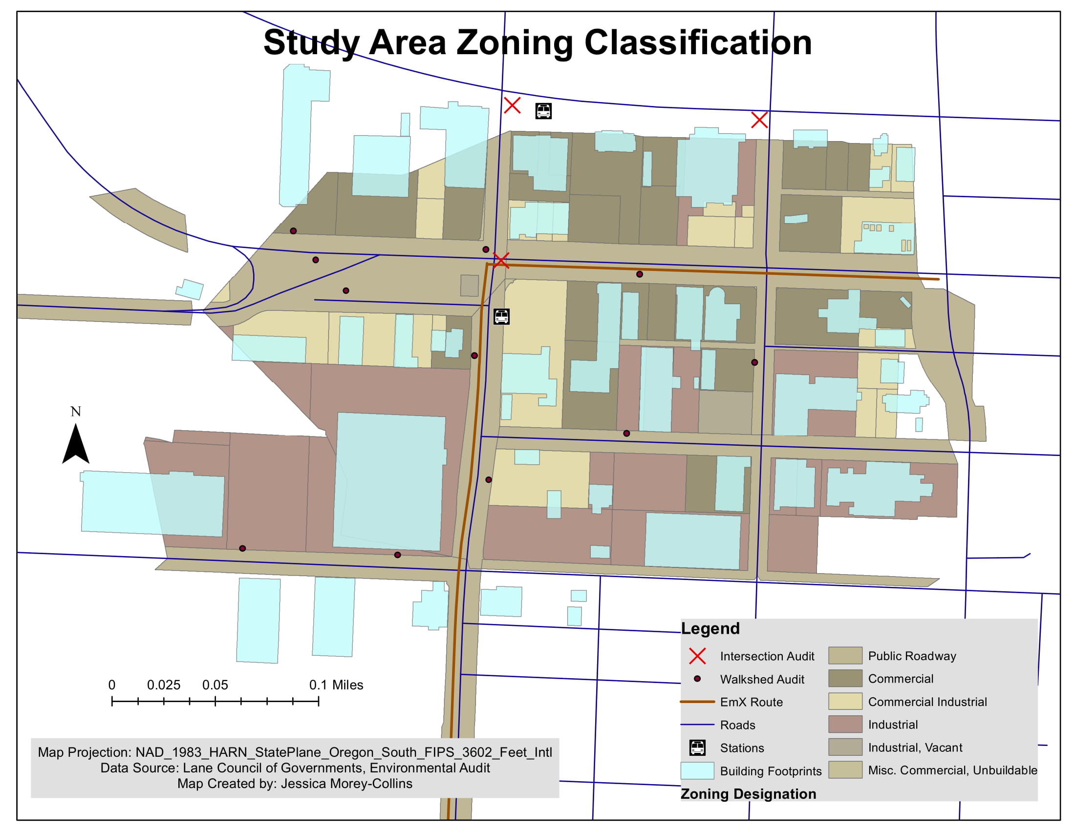 Zoning summary for environmental analysis of a new public transportation line in Eugene, Oregon.