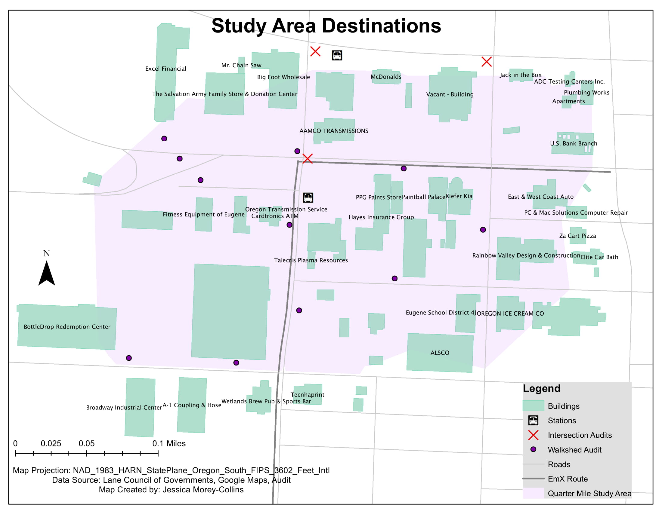  Destination summary for environmental analysis of a new public transportation line in Eugene, Oregon. 