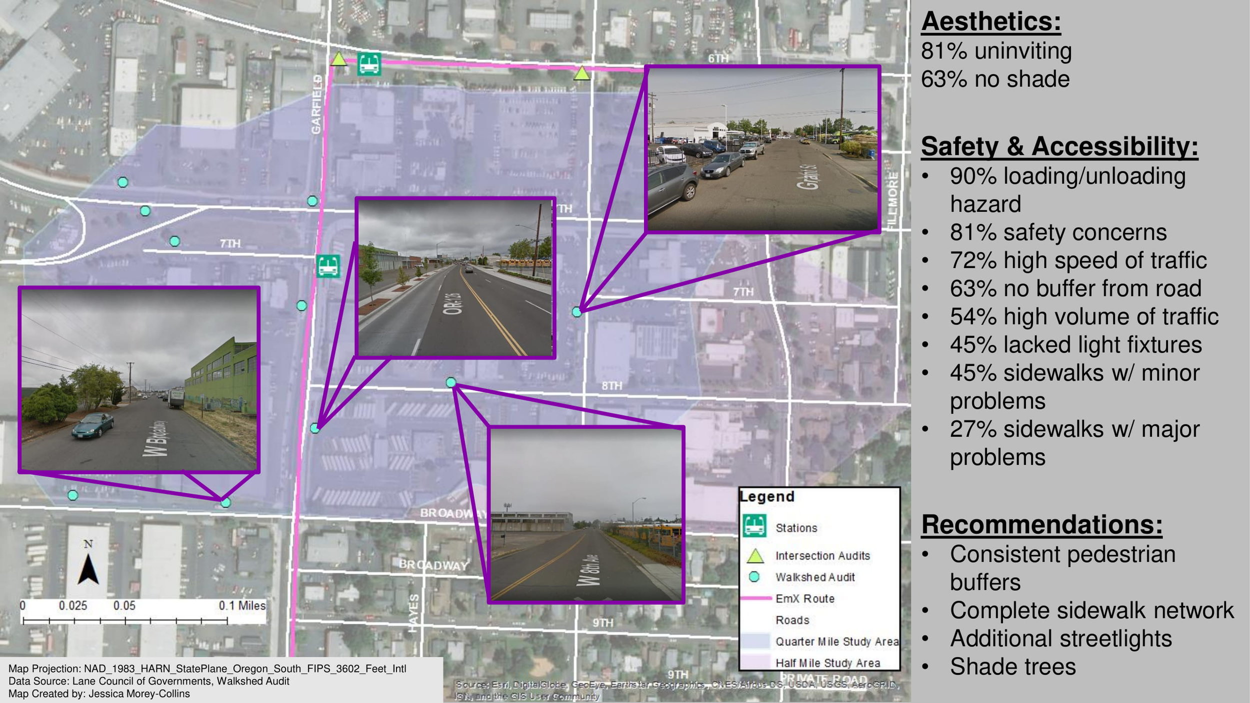  Walkshed audit for environmental analysis of a new public transportation line in Eugene, Oregon. 