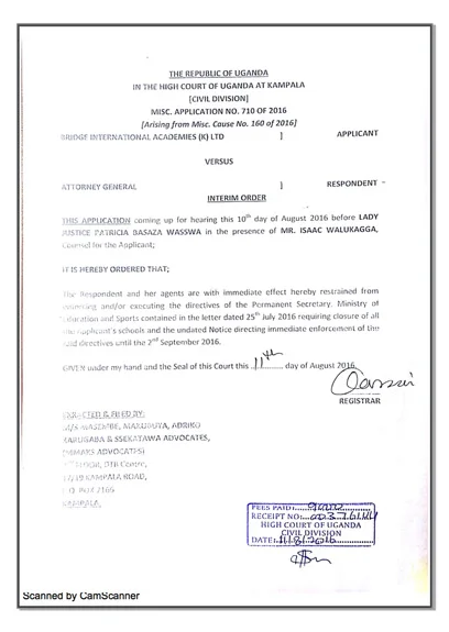Interim Order on closure of BIA in Uganda 