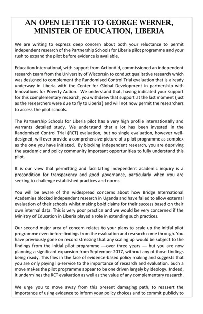 An open letter to George Werner, Minster of Education, Liberia (academics raise concerns on Minister of Education’s position on independent research)
