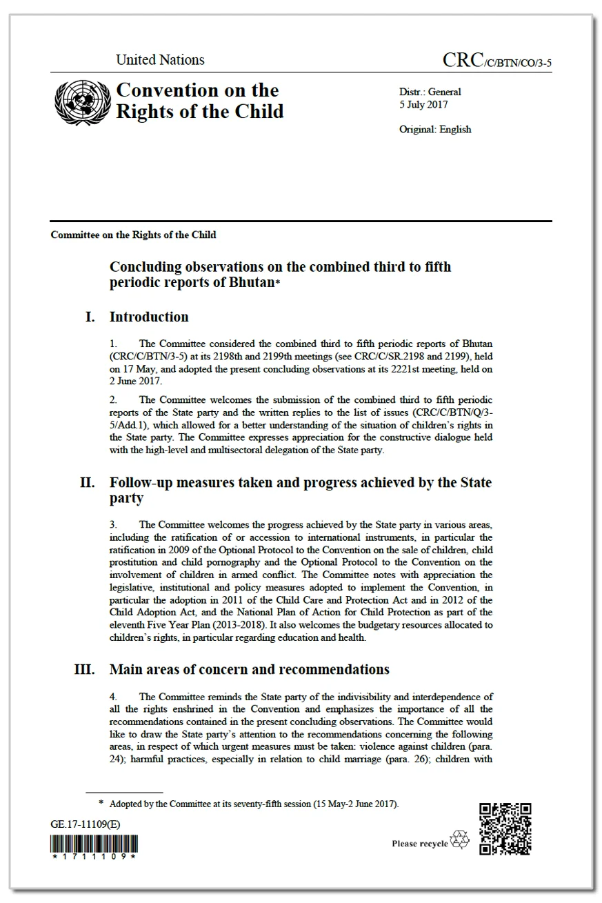 Bhutan: CRC Concluding Observations, CRC/C/BTN/CO/3-5, paras. 13(a), 38-39,  2 June 2017 