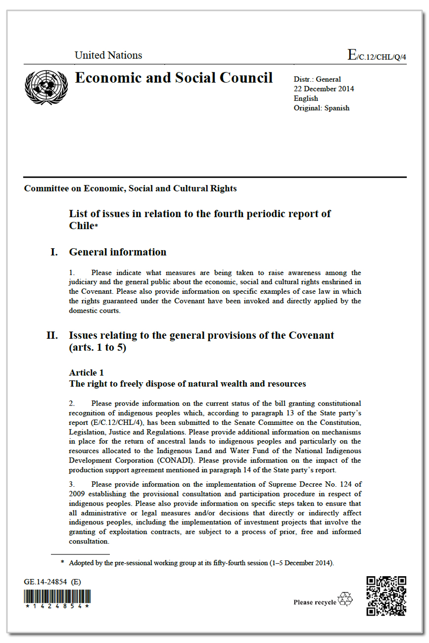 Chile: CESCR  List of issues,  E/C.12/CHL/Q  /4, para. 24  22 Dec. 2014