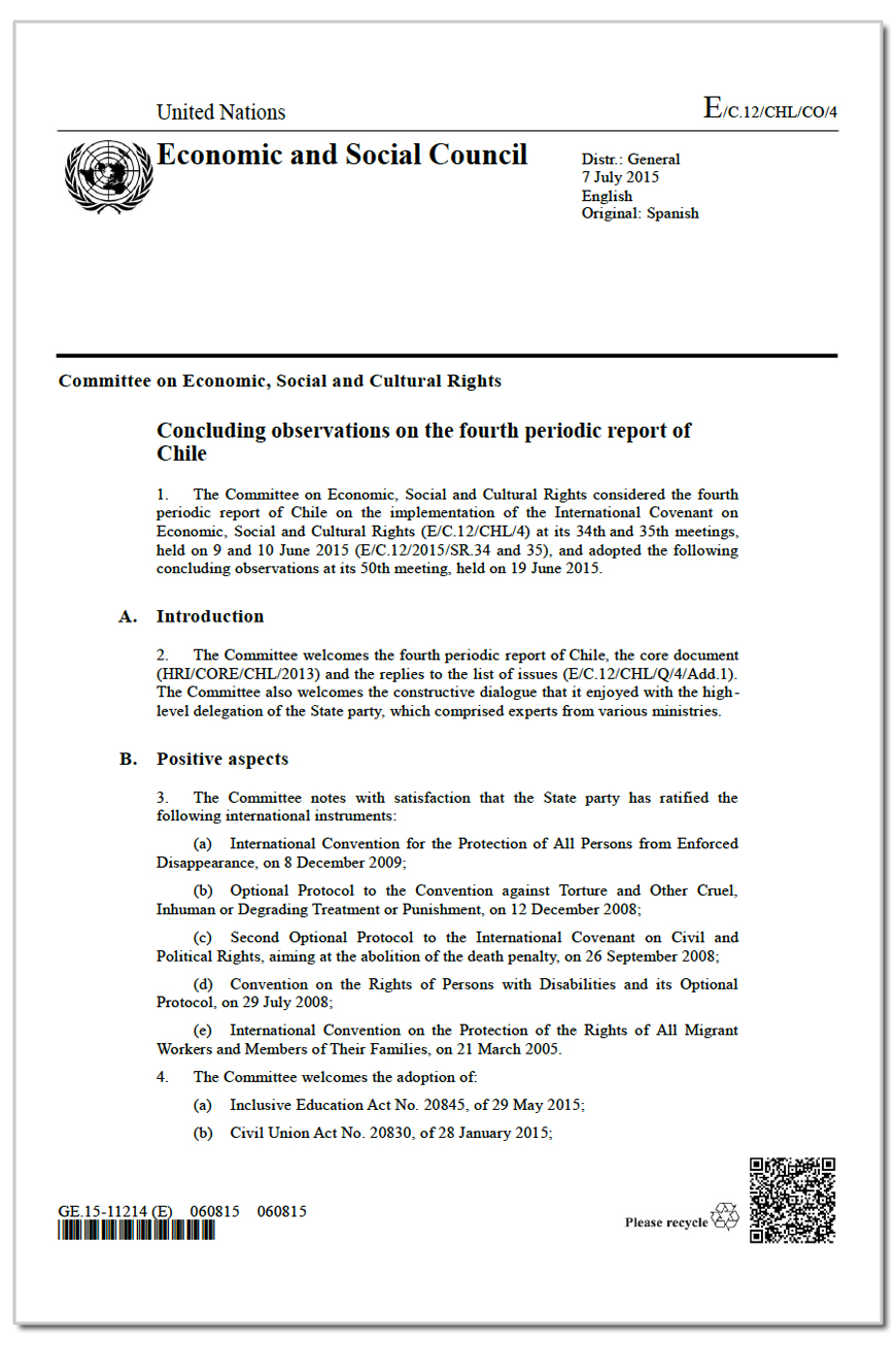 Chile: CESCR  Concluding observations, E/C.12/CHL/CO/4, para. 30,  19 June 2015