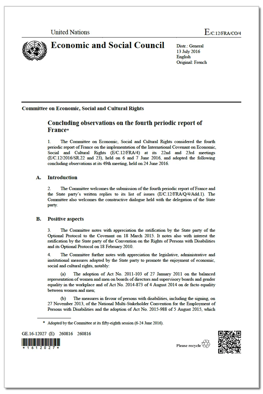 France: CESCR,  Concluding observations, E/C.12/FRA/CO/4, paras. 7 –  8 and 11 , 24 June 2016