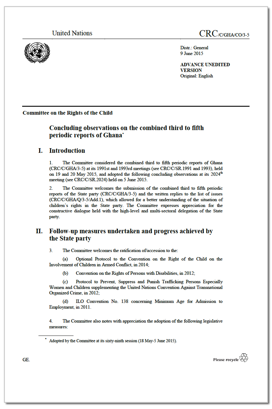 Ghana: CRC Concluding observations, CRC/C/GHA/CO/3-5, para. 57 – 58, 9 June 2015