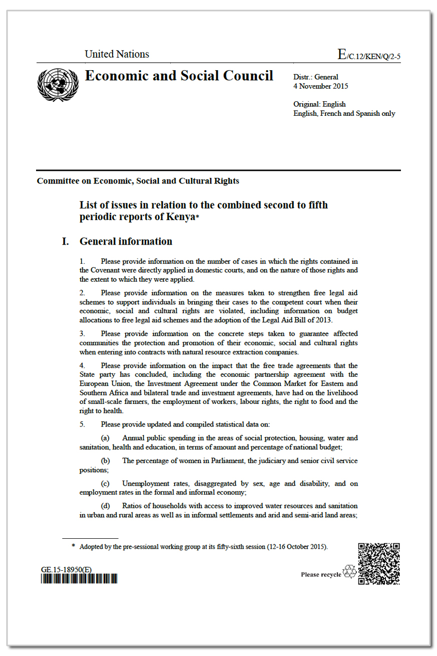 Kenya: CESCR List of issues, E/C.12/KEN/Q/2-5, para. 30, 16 October 2015