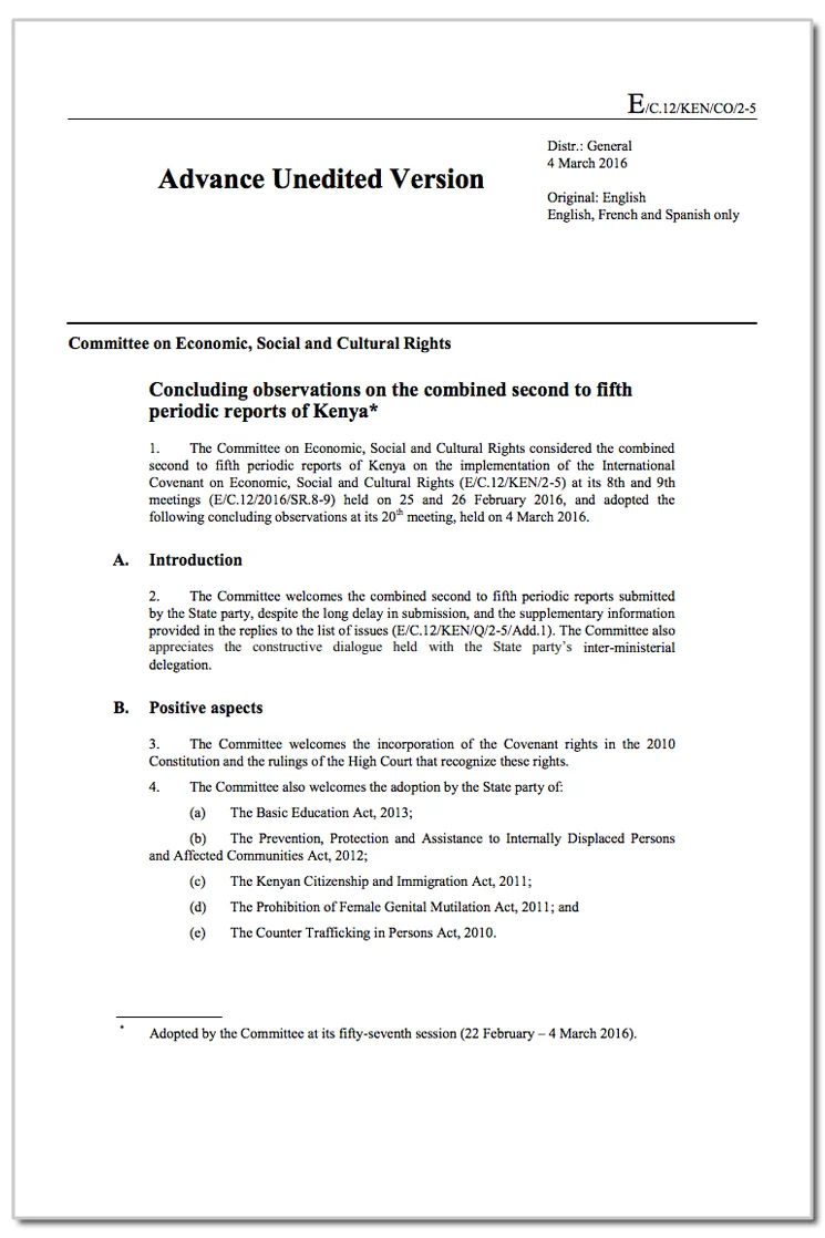Kenya: CESCR, Concluding observations, E/C.12/KEN/CO/2-5, paras. 57-58, 4 March 2016