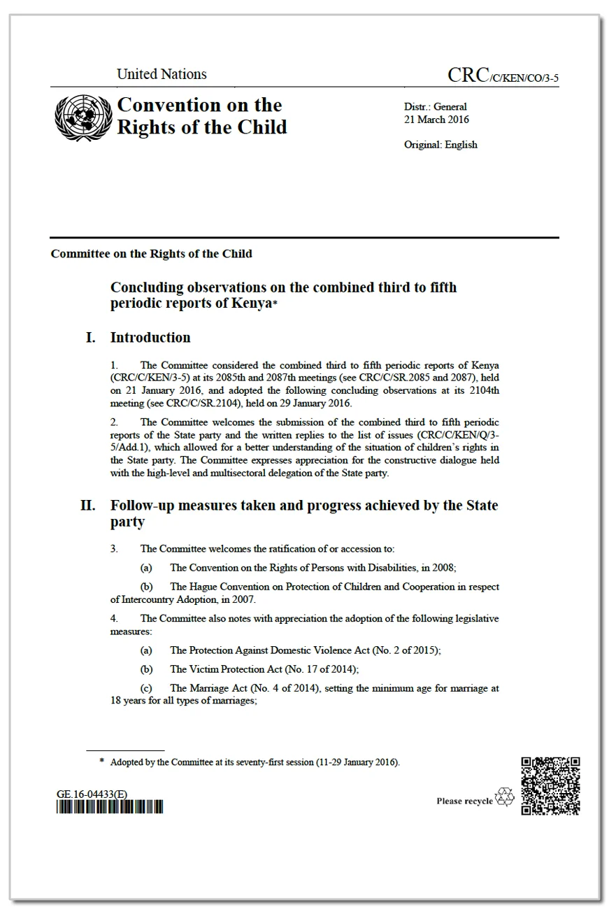 Kenya: CRC Concluding observations, CRC/C/KEN/CO/3-5, paras. 56 – 57, 2 February 2016