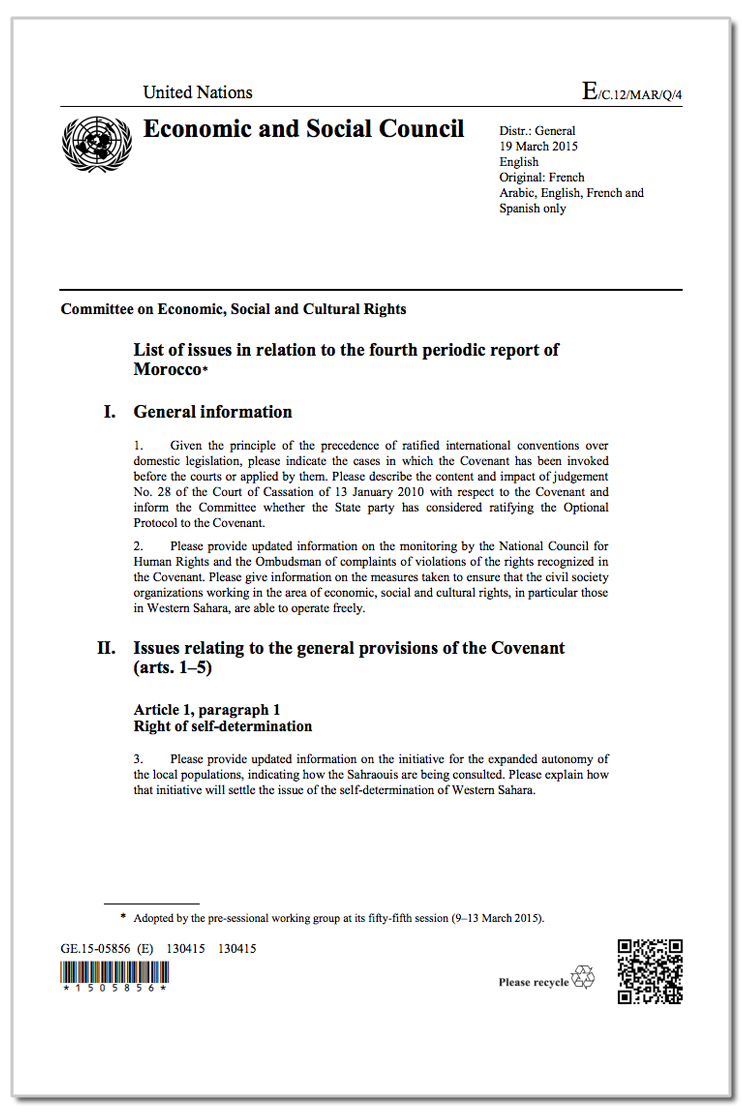 Morocco: CESCR, List of issues, E/C.12/MAR/Q/4, para. 25, 19 March 2015