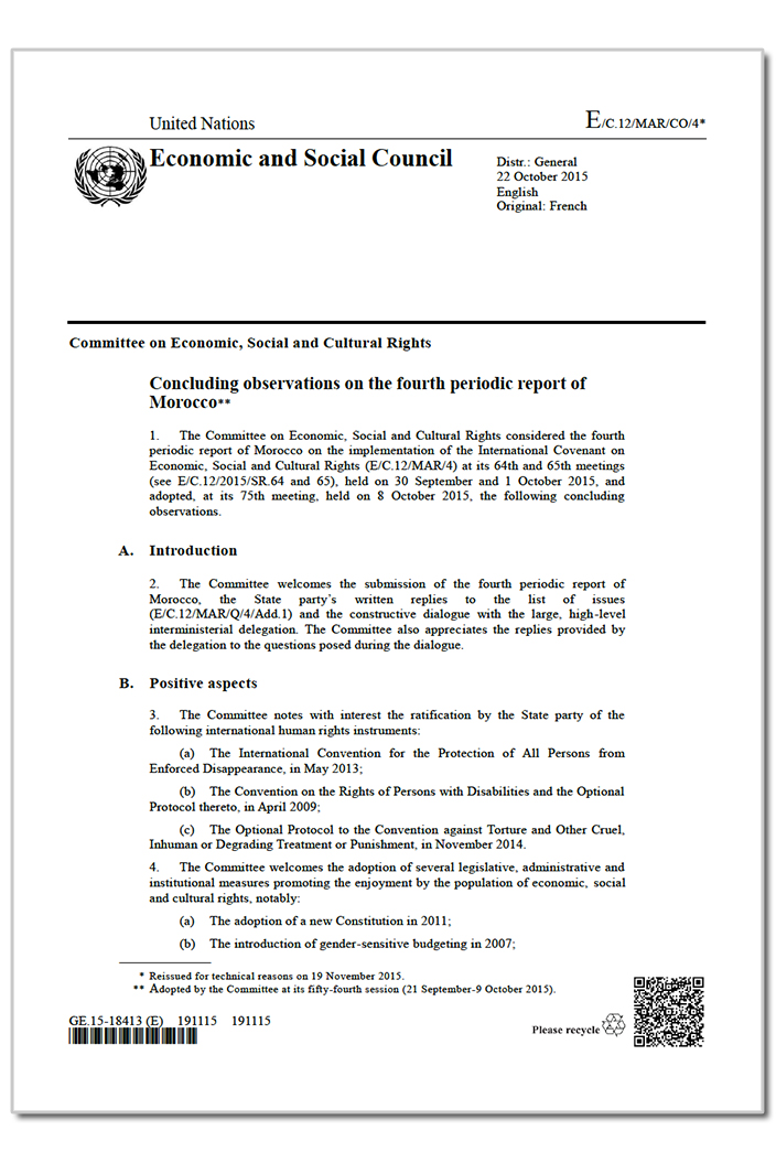 Morocco: CESCR, Concluding observations, E/C.12/MAR/CO/4, paras. 47-48,  22 October 2015 