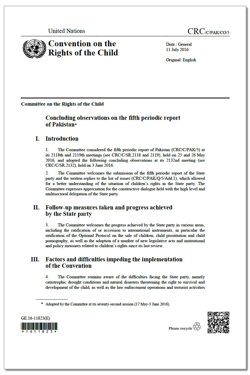 Pakistan: CRC, Concluding Observations, CRC/C/PAK/CO/5, paras. 61-62, 3 June 2016