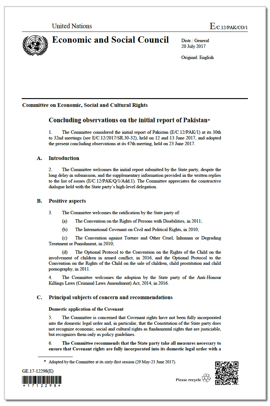 Pakistan: CESCR Concluding Observations, E/C.12/PAK/CO/1, paras. 81-82, 23 June 2017