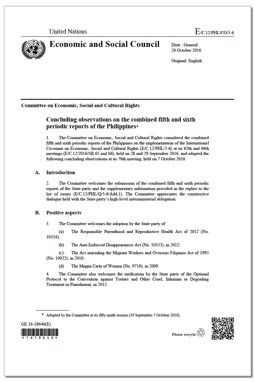 Philippines: CRC,  Concluding Observations, E/C.12/PHL/CO/5-6, paras. 55–56, 7 October 2016