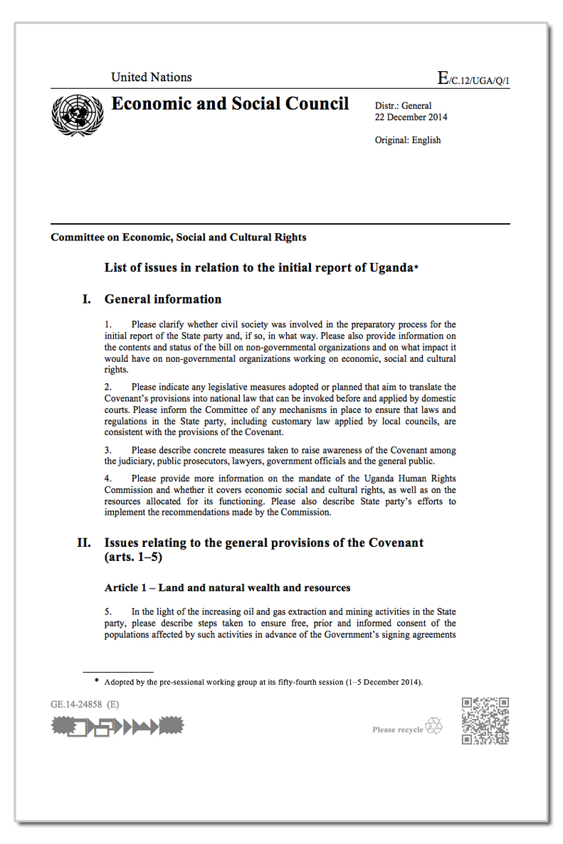 Uganda: CESCR, List of issues, E/C.12/UGA/Q/1, para. 32, 22 Dec. 2014
