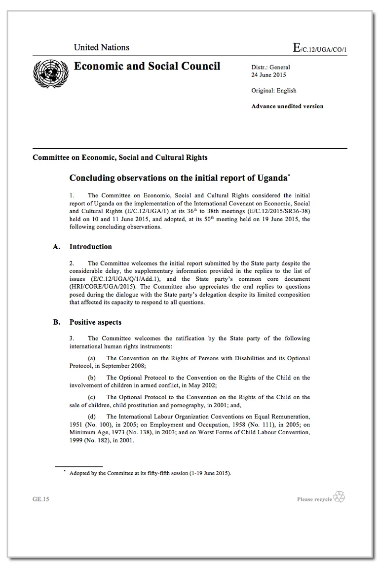 Uganda, CESCR, Concluding observations, E/C.12/UGA/CO/1, para. 36, 24 June 2015