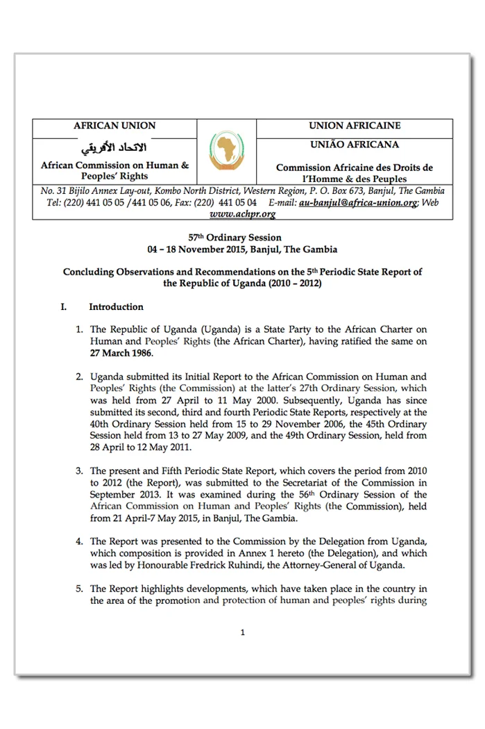Uganda: ACHPR, Concluding Observations & Recommendations on the 5th Periodic State Report of the Republic of Uganda (2010 – 2012)