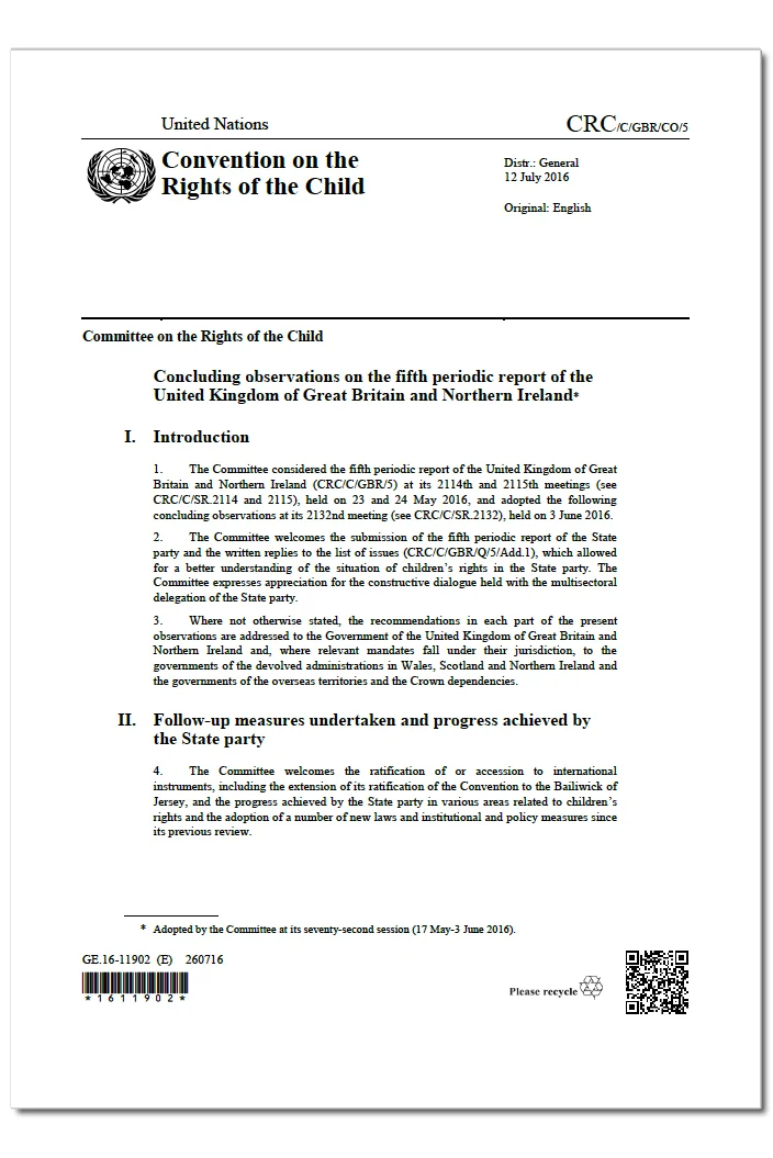 United Kingdom: CRC,  Concluding observations: United Kingdom, CRC/C/GBR/CO/5, paras. 16-17, 3 June 2016