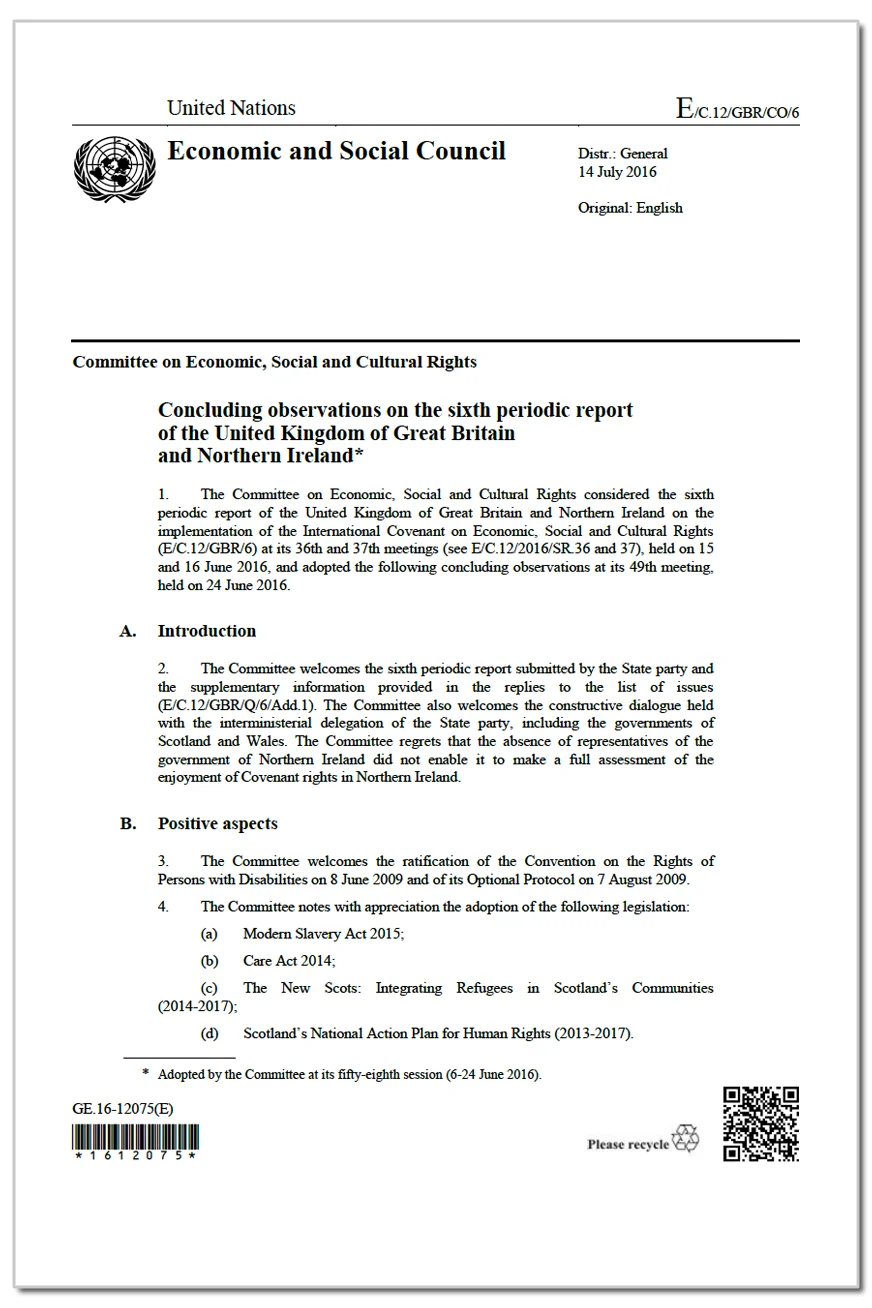 United Kingdom: CESCR, Concluding observations, E/C.12/GBR/CO/6, paras. 14–15, 24 June 2016