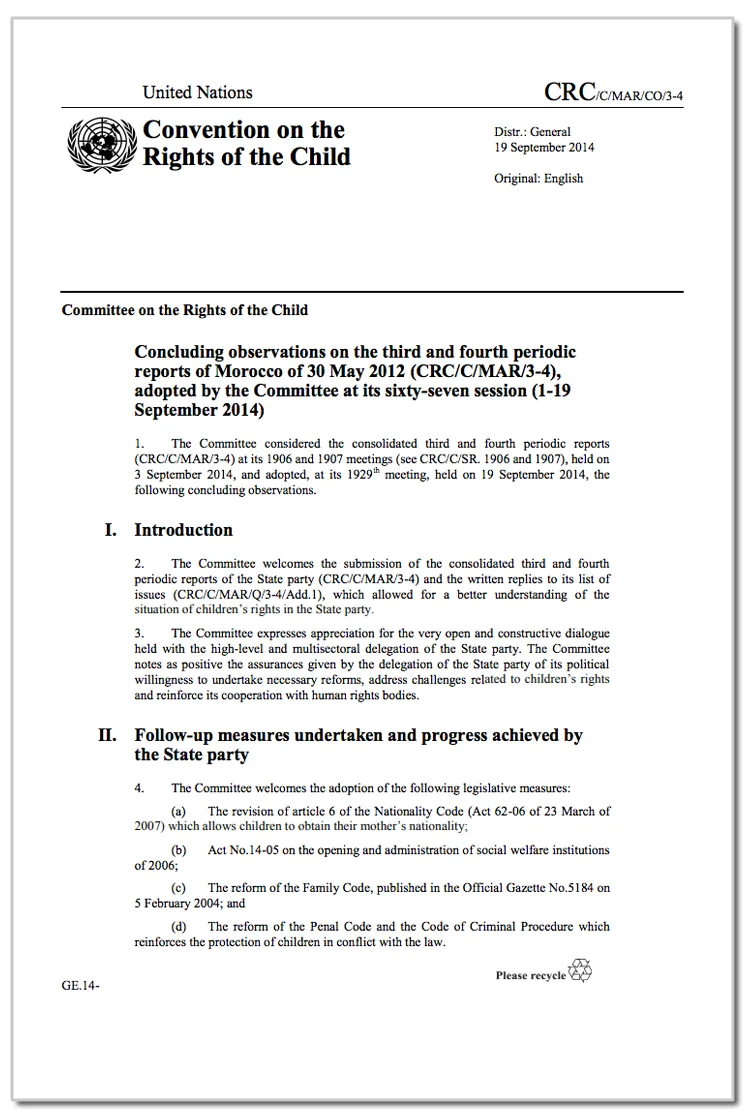 Morocco: CRC, Concluding Observations, CRC/C/MAR/CO/3-4, paras. 60 – 61, 19 Sept. 2014