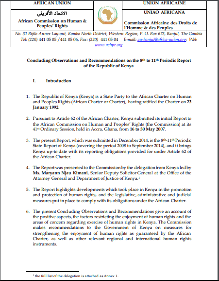 Kenya: ACHPR, Concluding Observations & Recommendations on the Combined 8th – 11th Periodic Report of the Republic of Kenya (2008 – 2014)