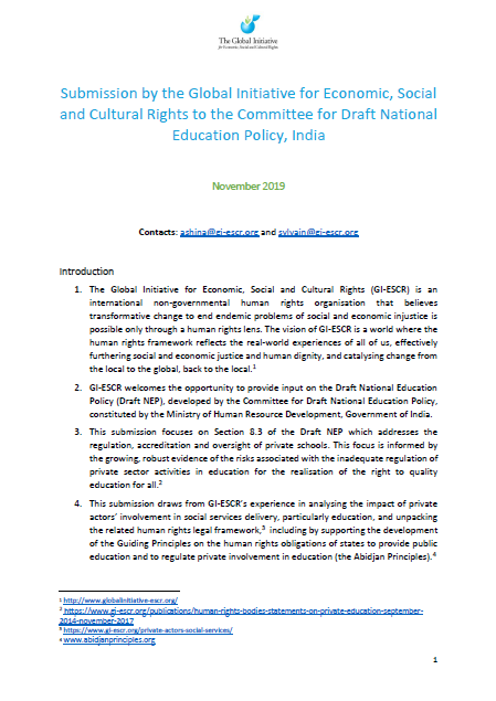 Submission to the Committee for the Draft National Education Policy, India