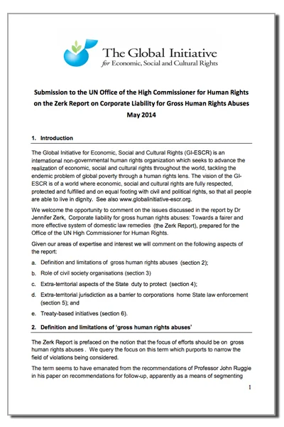 Submission on the Zerk Report on Corporate Liability for Gross Human Rights Abuses
