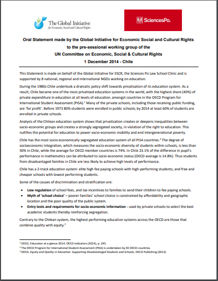 Oral Statement CESCR Pre-session  for Chile on privatisation in Education