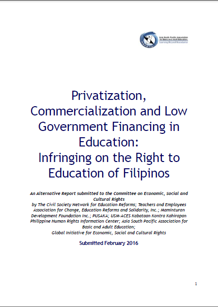 Privatisation, Commercialisation and Low Government Financing in Education: Infringing on the Right to Education of Filipinos