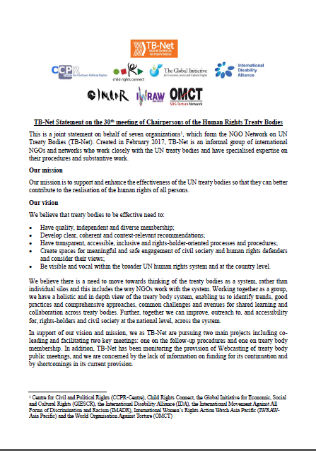 TB-Net Statement 30th Meeting of Chairpersons of the Human Rights Bodies