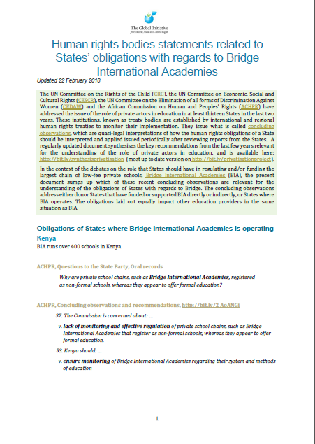 2018 Update: Human rights bodies statements related to States’ obligations with regards to Bridge International Academies