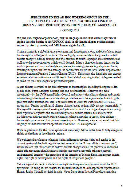 Submission to the ad hoc working group on the Durban Platform for enhanced action calling for human rights protections in the 2015 climate agreement