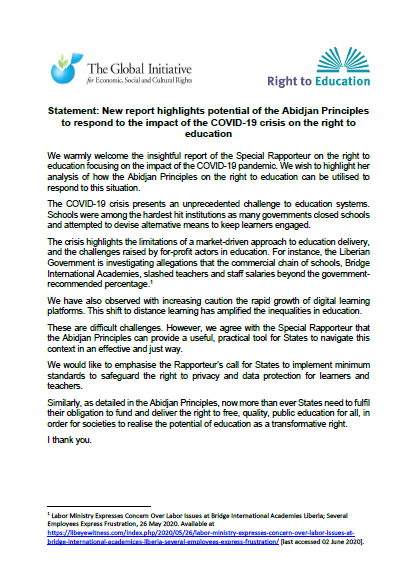 Joint Statement: New report highlights potential of the Abidjan Principles to respond to the impact of the COVID-19 crisis on the right to education
