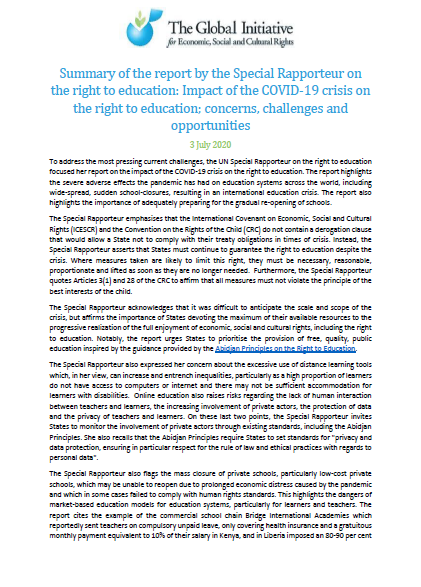 Report Summary: Special Rapporteur on the right to education report on the impact of the COVID-19 crisis on the right to education