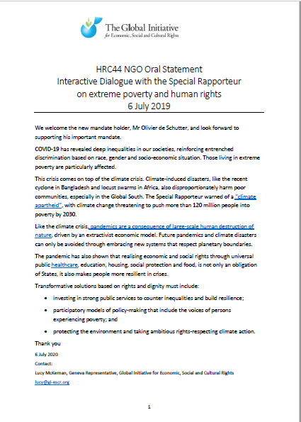 Oral Statement on the Report of the UN Special Rapporteur on extreme poverty and human rights: The parlous state of poverty eradication