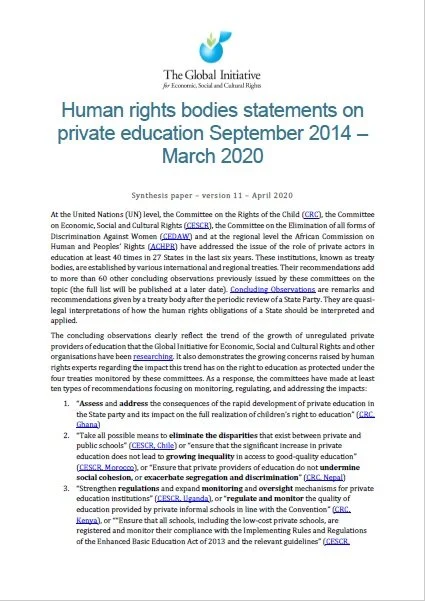 Human rights bodies statements on private education September 2014 – March 2020