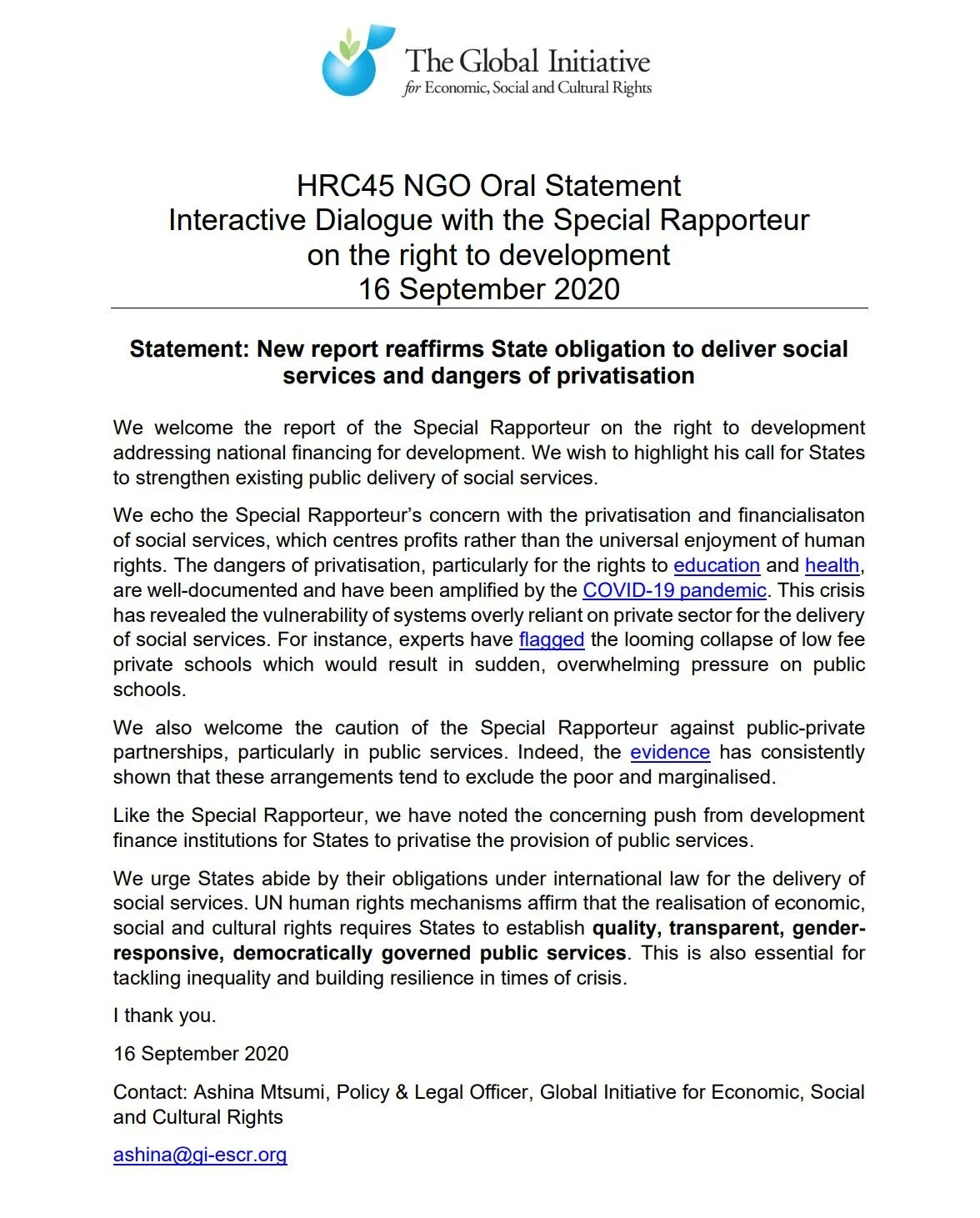 Welcoming Report of UN Special Rapporteur on the right to development regarding States’ obligation to deliver public services | Oral Statement