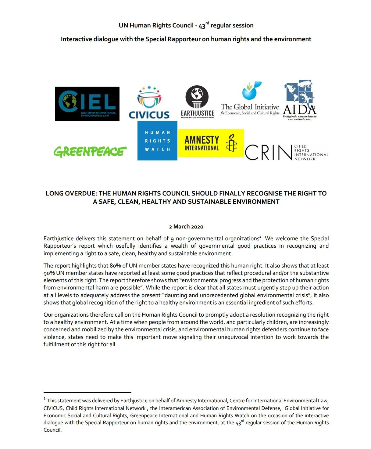 Long overdue: The Human Rights Council should finally recognise the right to a safe, clean, healthy and sustainable environment
