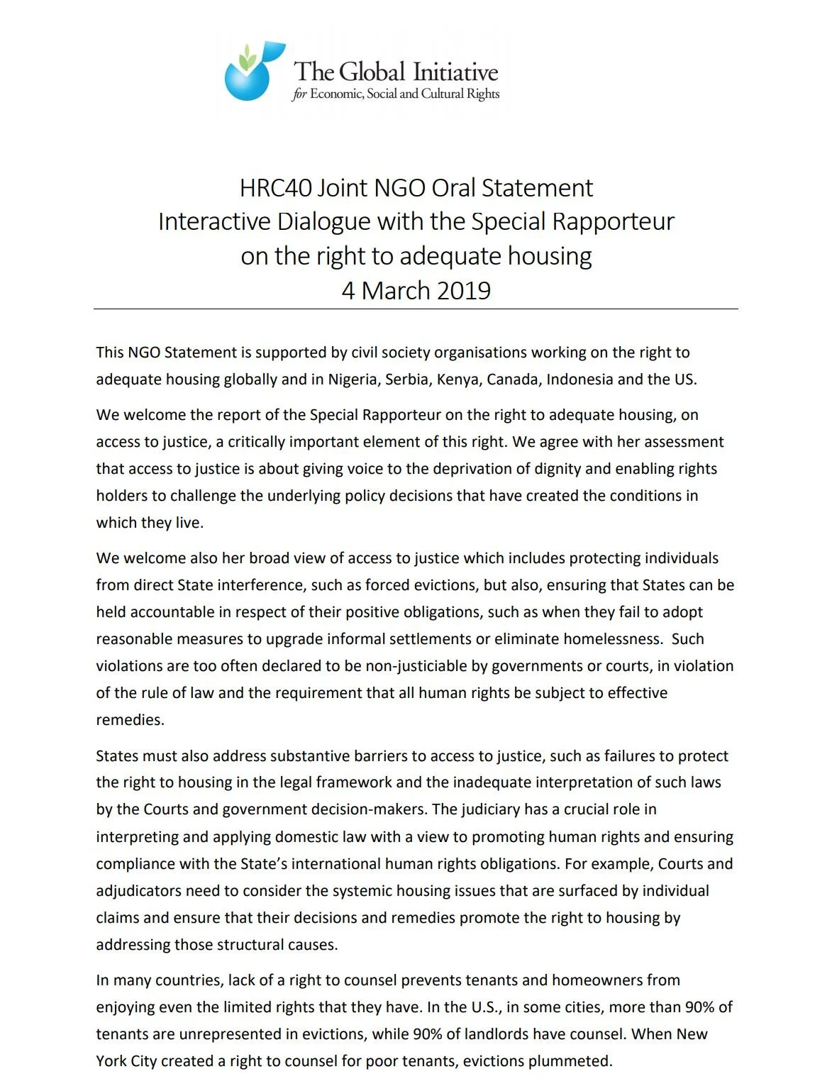 Joint NGO Oral Statement - Interactive Dialogue with the Special Rapporteur on the right to adequate housing