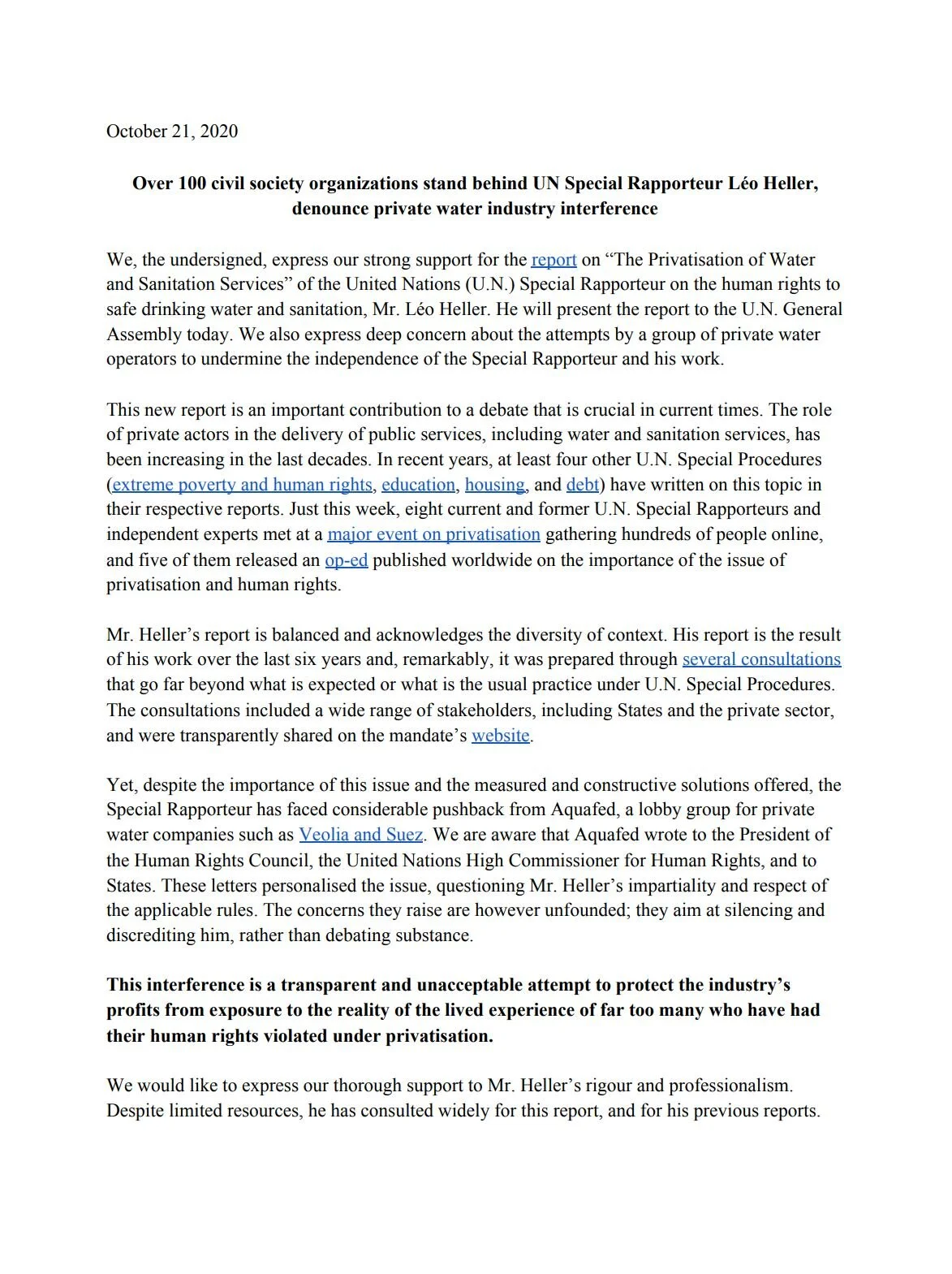 Over 100 civil society organisations stand behind UN Special Rapporteur Léo Heller, denounce private water industry interference