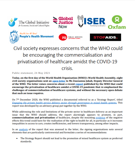 Public statement | GI-ESCR and partners call on WHO not to encourage commercialisation and privatisation of healthcare amidst COVID-19 crisis