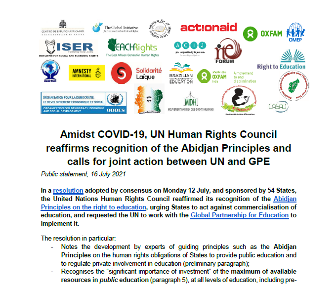 Joint Public Statement on UN Human Rights Council second resolution reaffirming recognition of the Abidjan Principles and calling for joint action between UN and GPE