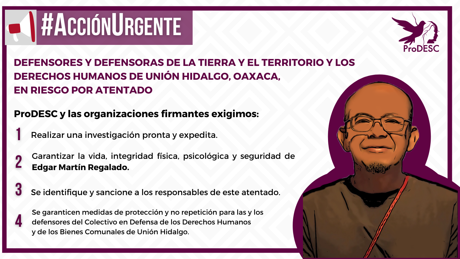 GI-ESCR endorsed the urgent appeal to protect the life and integrity of a Unión Hidalgo's human rights defender  (Mexico)