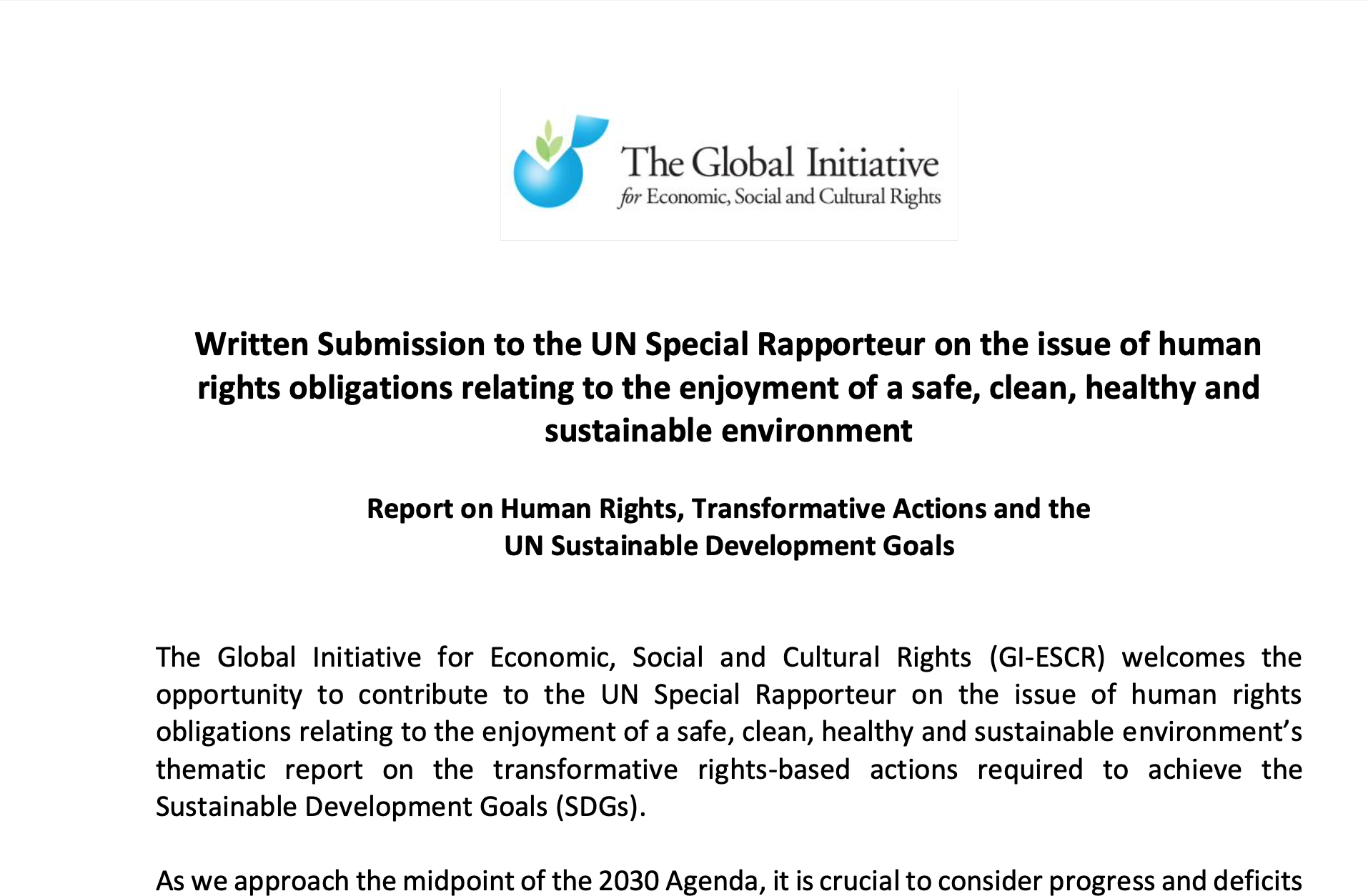 GI-ESCR submits report to the UN Special Rapporteur on a safe, clean, healthy and sustainable environment