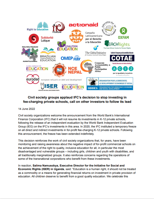 Civil society groups applaud IFC’s decision to stop investing  in fee-charging private schools, call on other investors to follow its lead