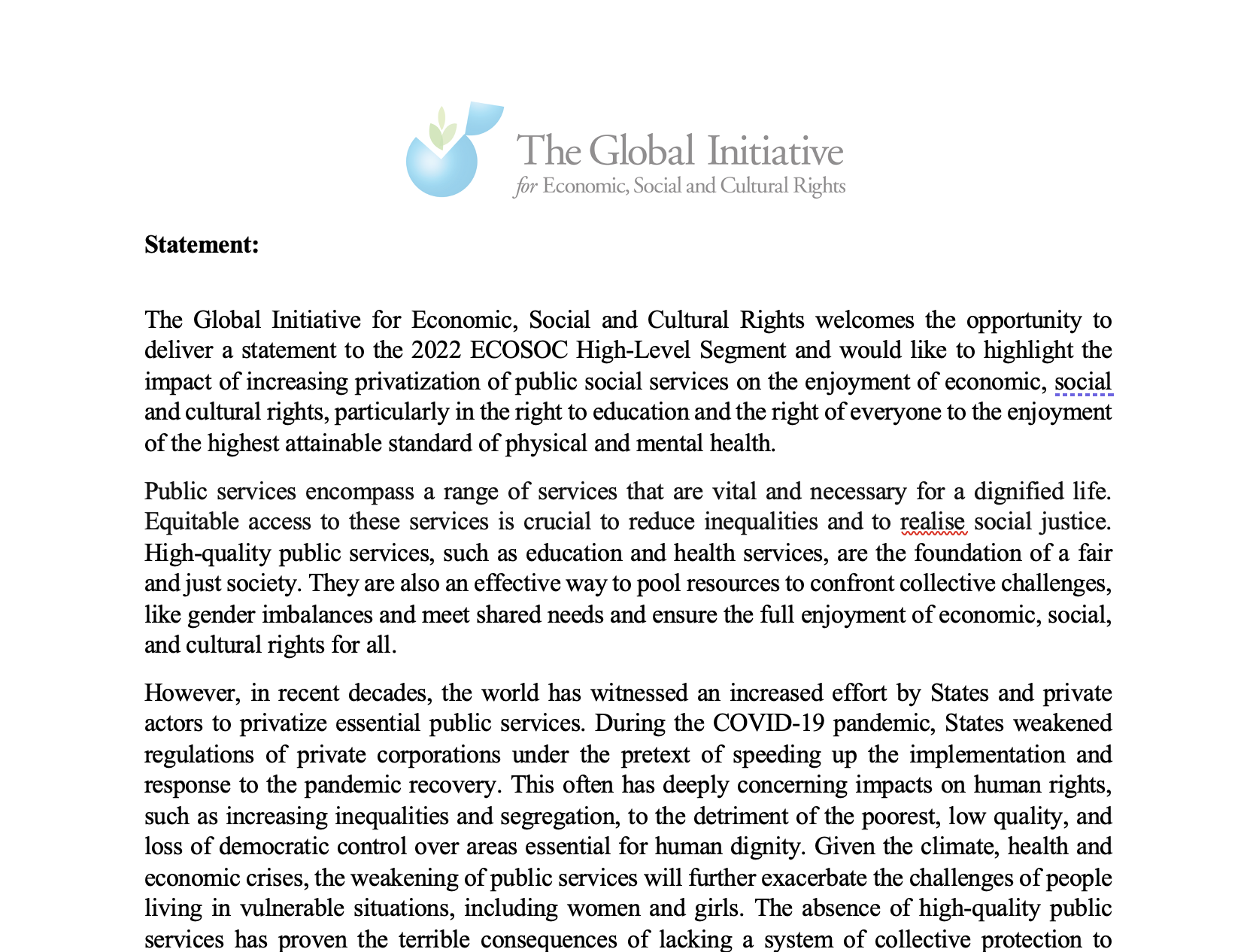 GI-ESCR submits statement to the ECOSOC High-level Segment